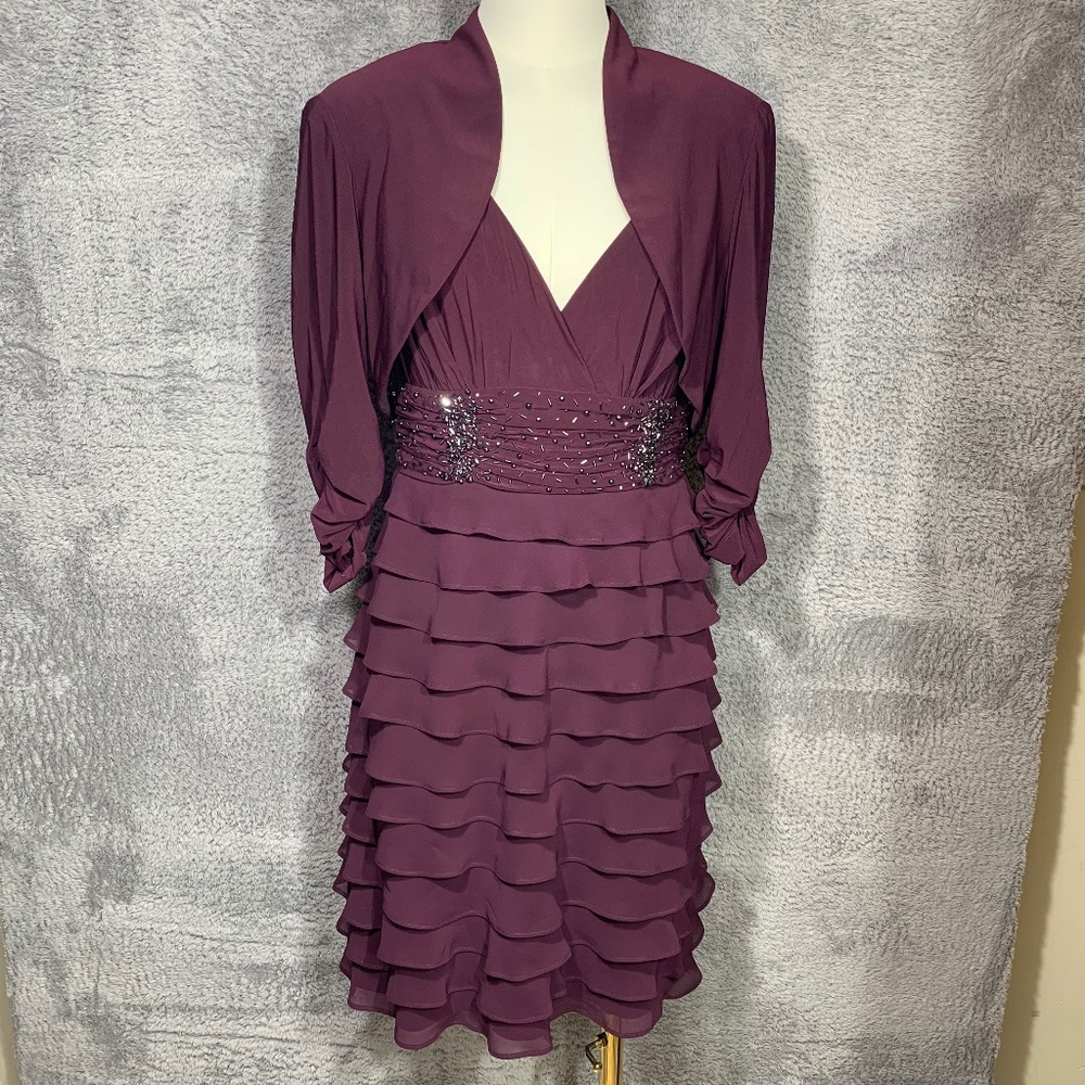 S.L. Fashions Plum Ruffle Mini Dress with Beaded Waistband